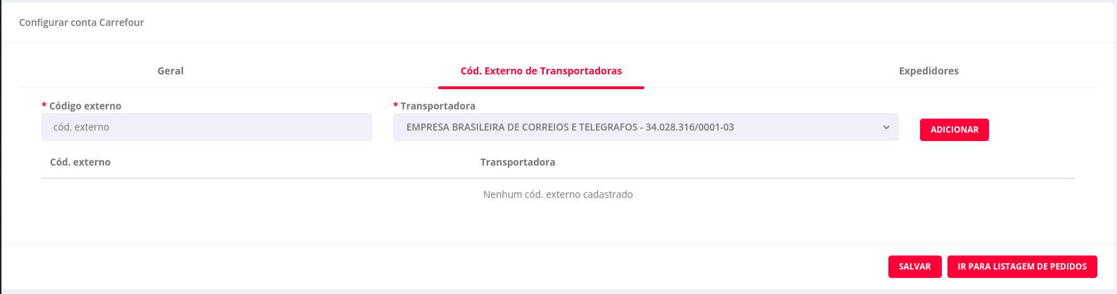 configuracao transportadora carrefour