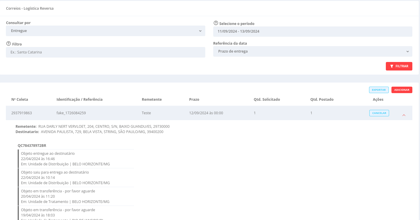 listagem de reversas do correios